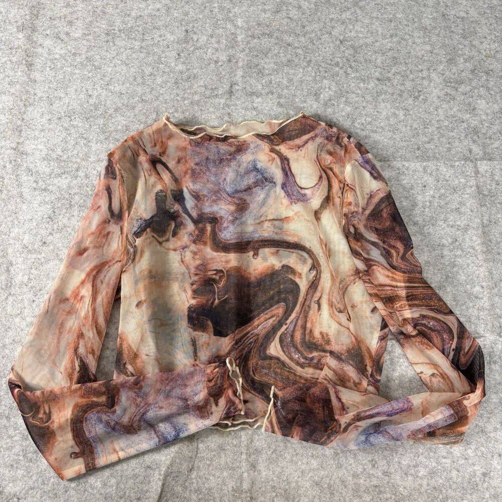 Womens Sheer Mesh Long Sleeve Crop Top Shirt Blouse Abstract Marble Lettuce Edge